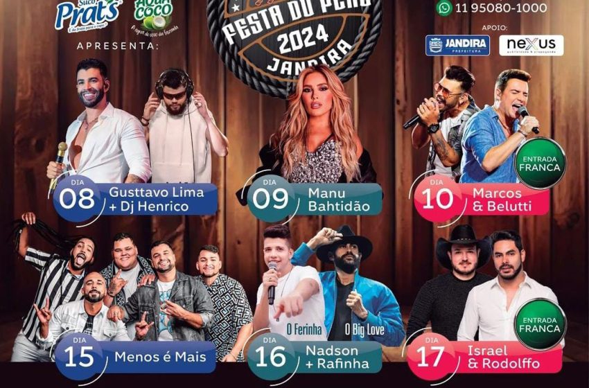  Está cada vez mais próxima a Festa do Peão de Jandira 2024: Gusttavo Lima, Marcos & Belutti, Israel & Rodolffo e muito mais artistas prometem agitar a cidade