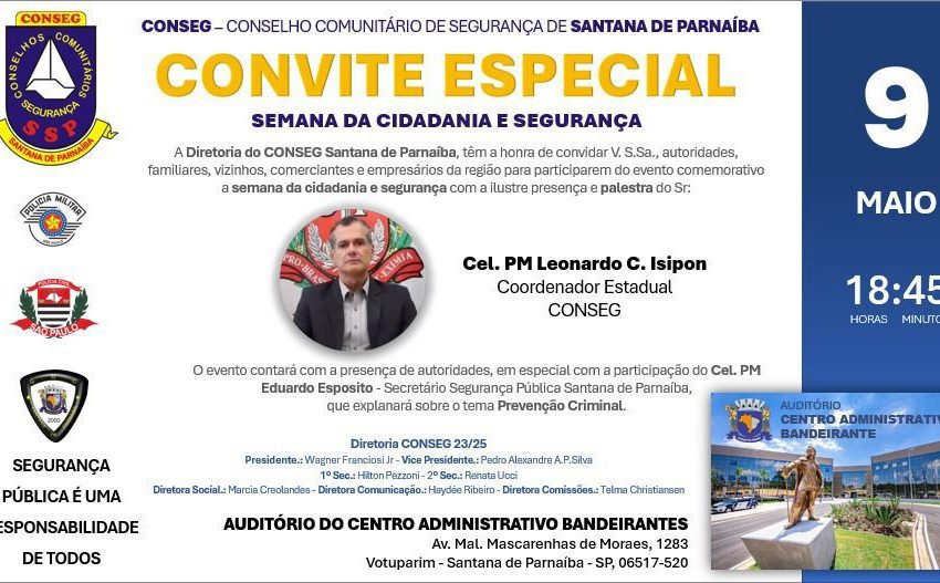  CONSEG Santana de Parnaíba recebe Coordenador Estadual no próximo dia 9 de maio