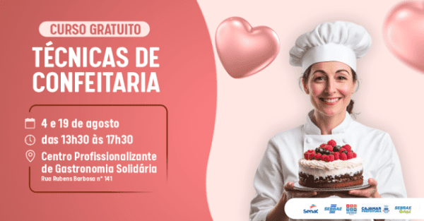 Aprenda Técnicas de Confeitaria com curso gratuito em Cajamar